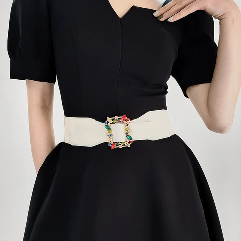 Women Wide Elastic Waist Belt Rhinestone Buckle Colorful Gem Decorative Faux Leather Stretching Waistband For Dresses