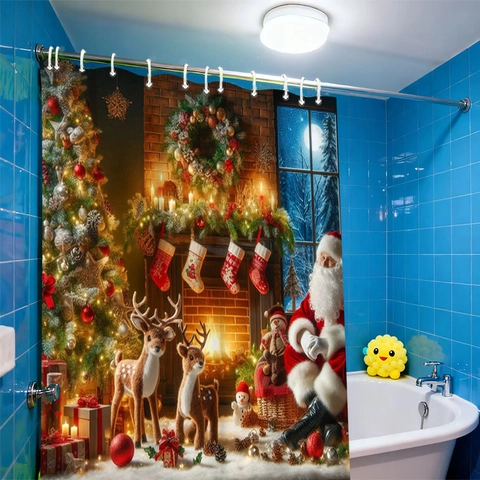 Christmas Shower Curtain Waterproof Polyester 3D Printed Santa Claus Reindeer Festive Bathroom Decor With Hooks