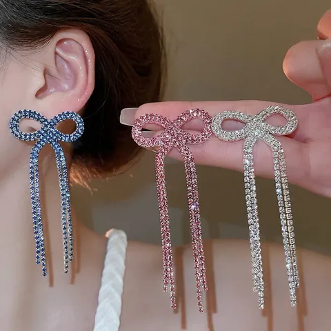 Orecchini A Fiocco Con Frange Con Perno In Argento Rame Rhinestone Elegante Lucido Goccia Lunga Per Donne