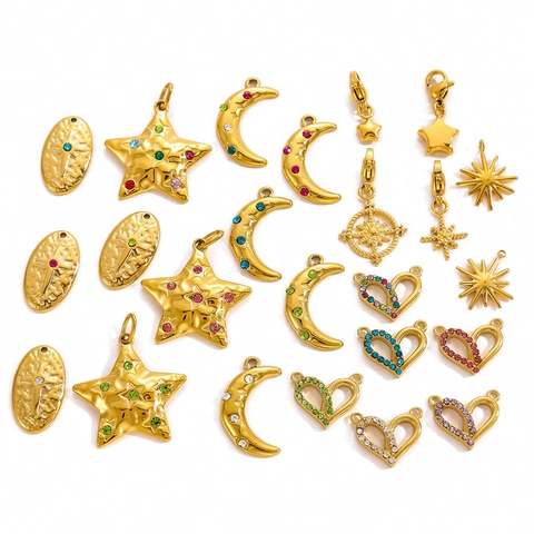Gold Vergoldete Edelstahlanhänger Bunte Zirkonia Stern Mond Herz Oval Sternburst DIY Schmuckherstellung Pendants