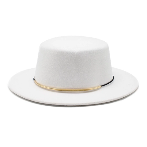 Boater Hat Flat Top Wide Brim Wool Felt Fedora Vintage Elegant British Style With Gold Metal Decor For Women Men
