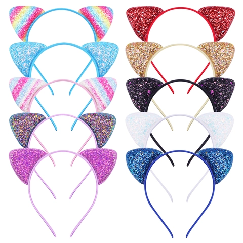 Kids Cat Ear Headband Glitter Sequin Cute Hairband Cartoon Hair Accessories For Girls Sparkly Thin Head Hoop Princess Style