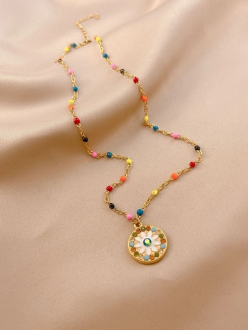 Women Titanium Steel Gold Plated Daisy Flower Evil Eye Pendant Necklace Colorful Beads Rhinestone Heart Clavicle Chain Jewelry
