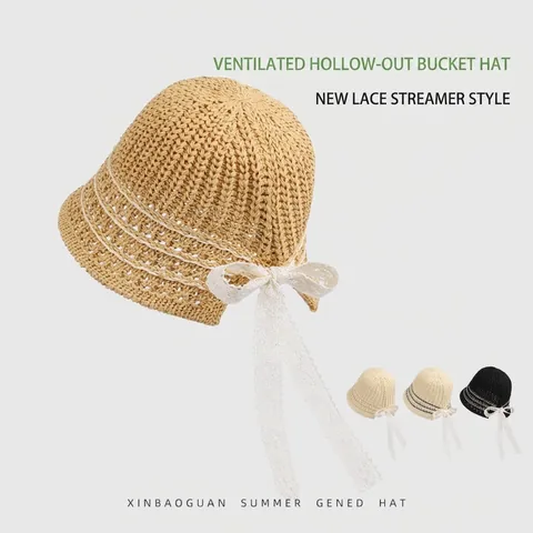 Cappello Alla Pescatora In Maglia Da Donna Con Fiocco In Pizzo Traspirante Traforato Protezione Solare Spiaggia Estate Elegante