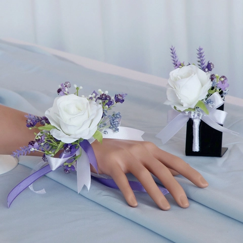 Wedding Boutonniere And Wrist Corsage Artificial White Rose Purple Lavender Satin Ribbon Satin Flower Groom Bridesmaid Prom
