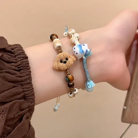 Bracciale In Perle Di Ceramica Fatto A Mano Ciondoli Gatto Cane Cartoni Animati Corda Di Cera Intrecciata Regolabile