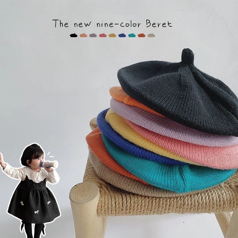 Kids Vintage Knit Beret Hat Soft Warm Pumpkin Painter Cap For Toddler Boys Girls Autumn Spring Solid Color Acrylic Beanie