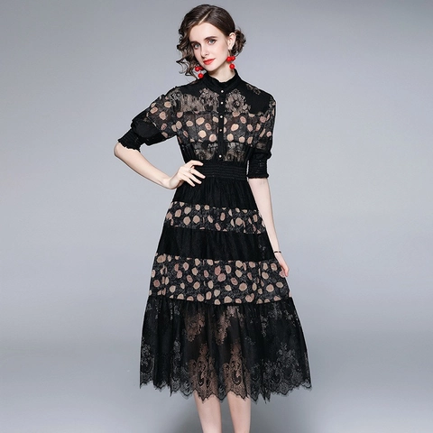 Elegante Zwarte Kant Midi Jurk Dames Opstaande Kraag Polka Dot Bloemenprint Hoge Taille Gelaagde Zoom Lange Mouw Vintage