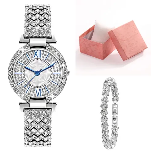 Luxe Dames Quartz Horloge En Armband Strass Legering Blauwe Wijzers Romeinse Cijfers Zonnestraal Wijzerplaat Mode