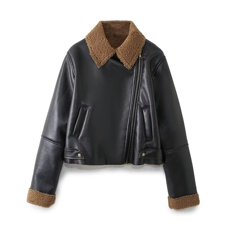 Women's Vintage Faux Leather Biker Jacket With Brown Faux Lamb Wool Collar Thick Warm Winter Moto Coat Outwear Black