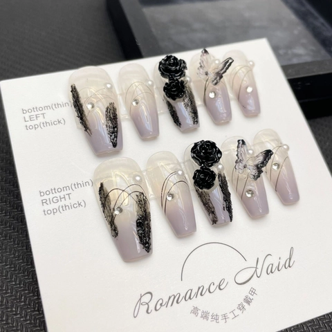 Handmade Press On Nails Black Rose Butterfly Artificial Pearl Relief Rhinestone Decor Dark Aesthetic Elegant Manicure For Women