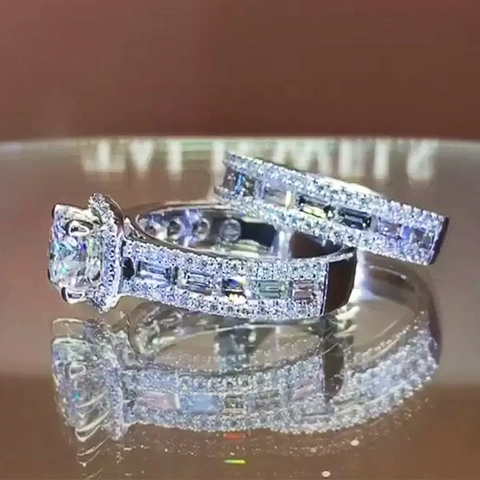 Ring Mit Zirkonia Im Kissenschliff Und Vorsteckring Kupfer Eingelegter Zirkon Westlicher Stil Schmuck Für Frauen