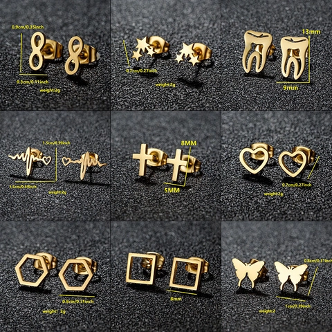 Minimalistische Roestvrijstalen Oorknopjes Geometrische Vlinder Kruis Hart Oneindigheid Ster Hartslag Sieraden Voor Vrouwen