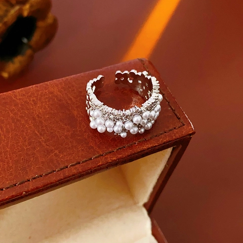 Vintage Adjustable Open Rings Women Copper Cubic Zirconia Faux Artificial Pearl Butterfly Flower Minimalist Retro Style Jewelry