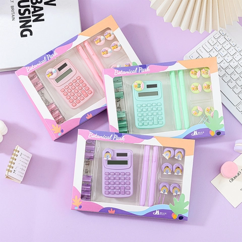 Combinación De Papelería Macaron Con Mini Calculadora Bolígrafos Clips Metálicos Tema Botánico Suministros De Oficina Escuela Regalos Lindos