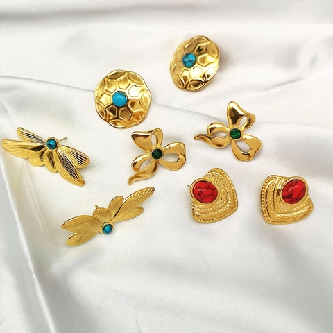 Vintage Stainless Steel Leaf Butterfly Stud Earrings For Women Gold Plated Natural Stone Inlaid Aesthetic Jewelry Accessories