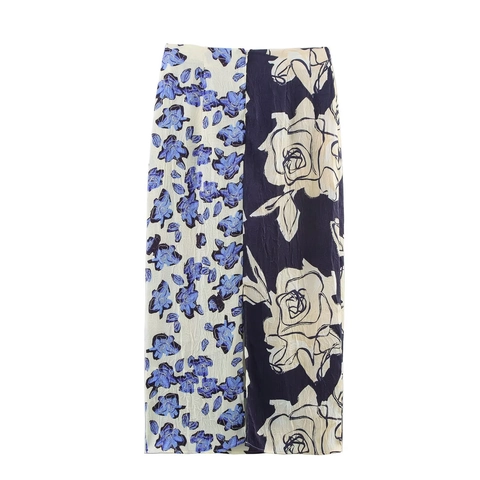 Gonna Midi A Fiori Consistenza Satinata Vita Alta Patchwork Asimmetrico Con Spacco Laterale Per Donne