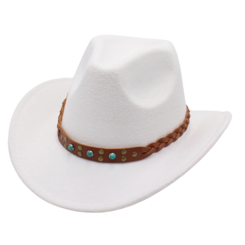 Western Cowboy Hat Vintage Polyester Felt Fedora With Braided Leather Band Turquoise Beads Rivets Ethnic Style Unisex