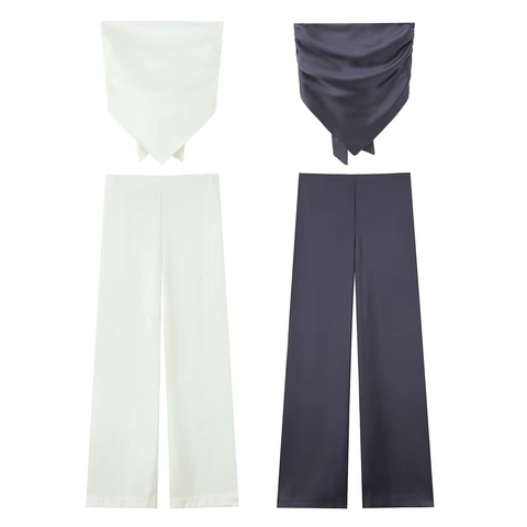 Women Satin Triangular Halter Top And High Waisted Wide Leg Pants Solid Color Streetwear Sleeveless Summer