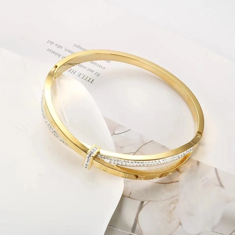 Fashion Titanium Steel Roman Numeral Bangle Rhinestone Inlaid Crossover Double Layer Bangle Bracelet For Women Jewelry Gift