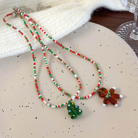 Christmas Beaded Necklace Resin Gingerbread Man Christmas Tree Pendant Sweet Holiday Party Jewelry For Women Girls