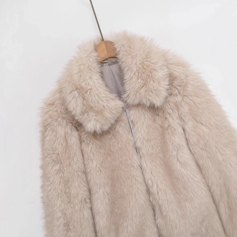 Dames Faux Fur Jas Reverskraag Ritssluiting Lange Mouwen Kort Warm Casual Winter Bovenkleding Mantel