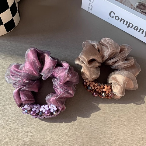 Elegante Organza Scrunchies Mit Kunststoffblume Und Künstliche Perlen Retro Metallischer Glanz Elastische Haargummis Für Damen