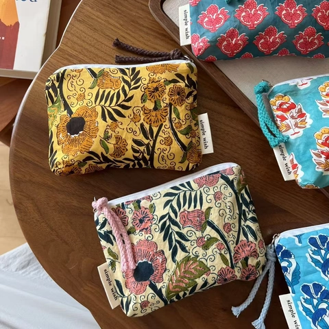 Vintage Floral Block Print Cotton Mini Coin Purse Zippered Card Holder Sanitary Napkin Storage Pouch For Women