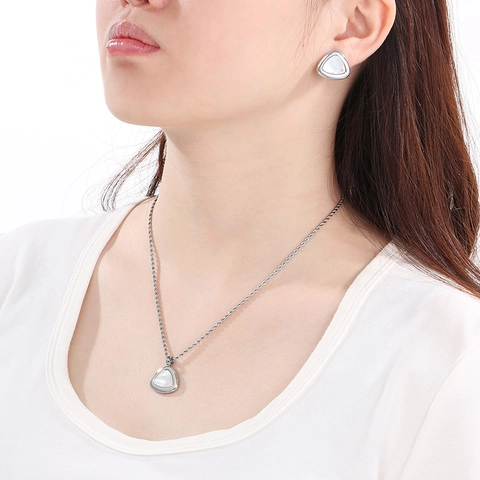 Collana E Orecchini In Acciaio Inossidabile Triangolo Conchiglia Bianca Strass Catena A Fune Accessorio Moda Donna