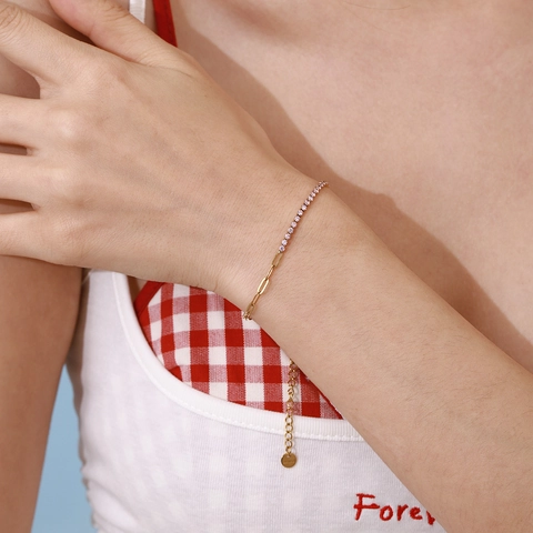 Women 18K Gold Plated Stainless Steel Spliced Bracelet Pink Zircon Tennis And Paperclip Chain Adjustable Fashion Gift