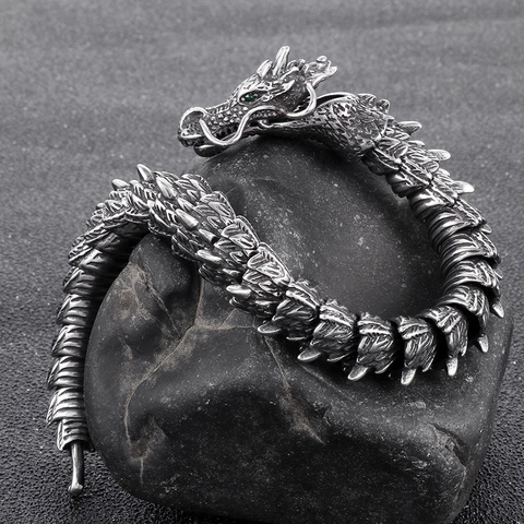 Bracciale A Scaglie Di Drago In Acciaio Inossidabile 316 Da Uomo Catena Osso Di Drago Retrò Con Occhi Di Zircone Verde Gioielli Punk