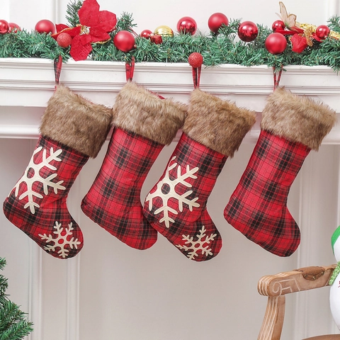 Calza Di Natale Quadri Rosso Nero Pelliccia Sintetica Fiocco Neve Sacchetto Regalo Decorazione Camino Festa