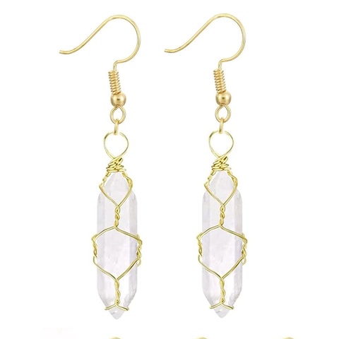 Hexagonal Crystal Natural Stone Drop Earrings With Copper Wire Wrapped Handmade Bohemian Style For Women