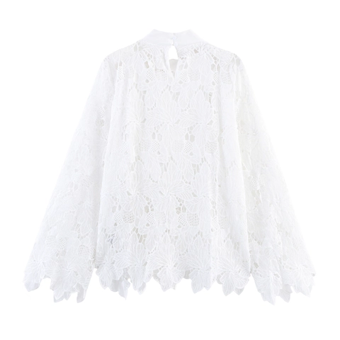 Women Elegant Lace Blouse Long Sleeve Bow Tie Neck Floral Hollow Out See Through White Top