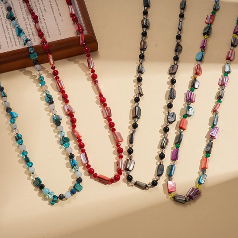 Collar De Cuentas Doble Capa Rebanada De Concha Natural Irregular Cristal Cuenta De Vidrio Bohemio Cadena Larga Suéter Mujer