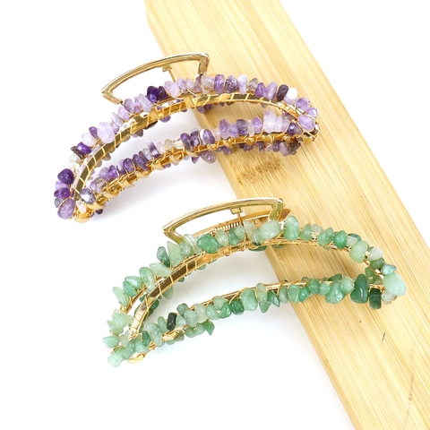 Natural Crushed Stone Hair Claw Clip Handmade Wire Wrapped Alloy Crystal Amethyst Banana Shape Large Accessory For Women