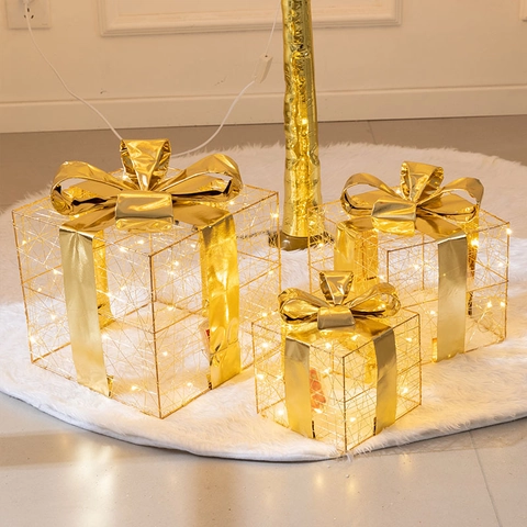 Caja De Regalo Luminosa Adornos Árbol Torre Hierro Hueco LED Navidad Año Nuevo Fiesta Decoración Suelo Oro Rojo Metal