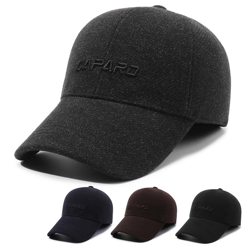 Baseball Cap Men Winter Warm Thickened Woolen Fabric Fleece Lined Windproof Ear Flaps Adjustable Solid Color