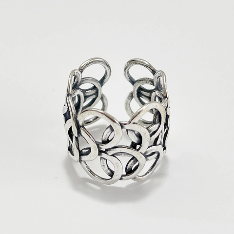 925 Sterling Silver Ring Vintage Interlocking Circles Distressed Hollow Adjustable Open Finger Jewelry For Women