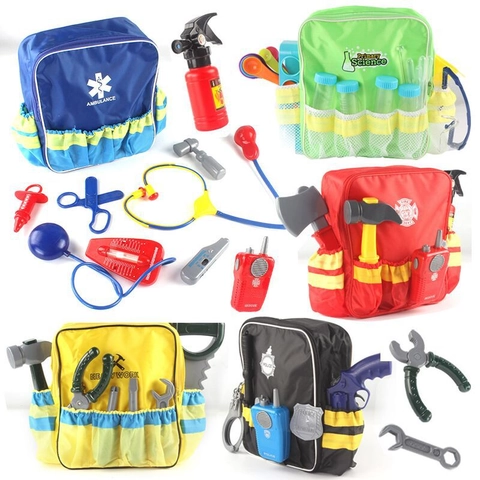 Kids Role Play Toy Simulation Firefighter Police Doctor Science Tools With Backpack Educational Pretend Play Career Experience For Boys Girls
