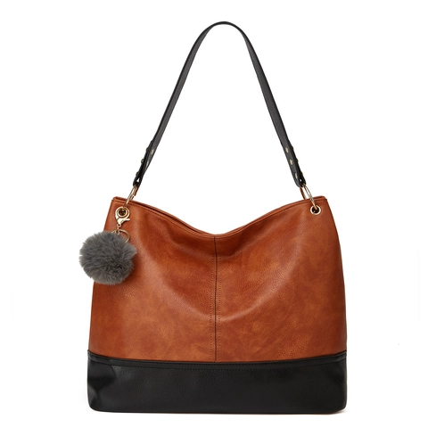 Sac À Épaule Pour Femmes En Cuir PU Grande Capacité Surpiqûres Contrastées Grain De Litchi Avec Charme De Boule En Peluche