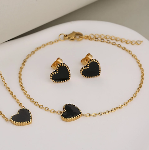 Stainless Steel Heart Shaped Necklace Bracelet And Stud Earrings With Shell Enamel Beaded Edge Minimalist For Women