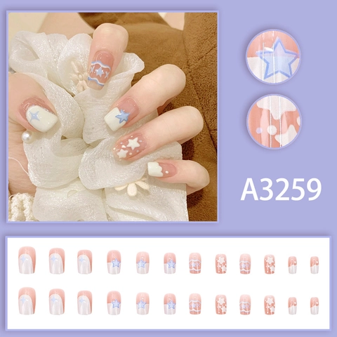 Faux Ongles Plastique Étoile Vague Blanc Bleu French Tip Court Carré Rond Brillant Style Dopamine Doux Pour Femmes