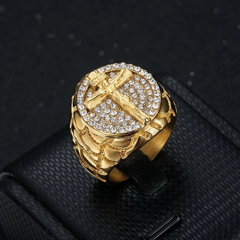 Heren Ring Titanium Staal Jezus Kruisbeeld INRI Ingelegde Rhinestone Hip Hop Verguld Religieuze Zegelring Band Accessoire