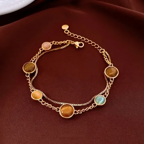 Vintage 18K Gold Plated Bracelet For Women With Cat Eye Stone Zircon Clover Gourd Charms Adjustable Chain Elegant Jewelry