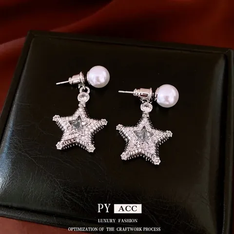 Pendientes Colgantes Estrella Con Poste De Plata De Ley 925 Cobre Circón Y Perla Artificial Mujer Joyería Elegante Accesorio