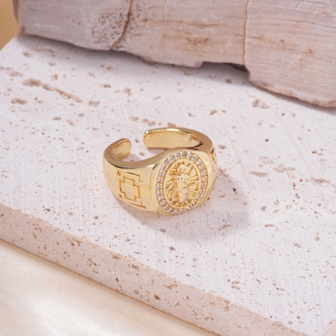 Anello Aperto Vintage in Rame Placcato Oro per Donna Rilievo della Vergine Maria Medaglione Strass Intarsiato Religioso Gioielli