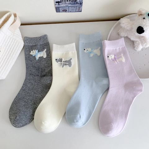 Damen Crew Socken Baumwolle Strick Atmungsaktiv Süße Welpen Stickerei 3D Schleife Koreanischer Stil Kawaii Mode