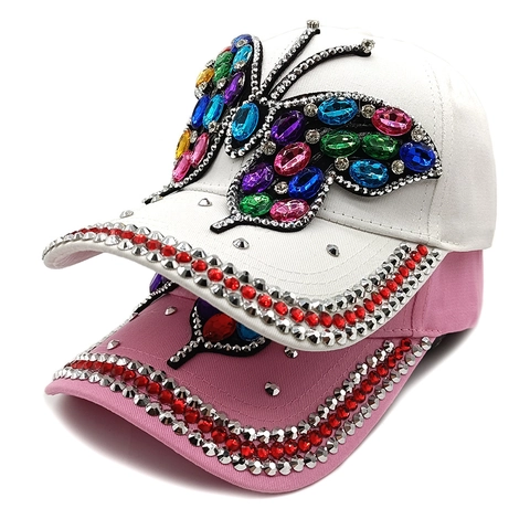 Damen Baumwolle Baseballkappe Mit Bunten Strass Schmetterling Muster Verstellbare Outdoor Mode Sonnenhut