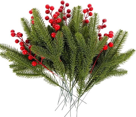 Künstliche Weihnachts Kiefernnadeln Rote Beeren Picks Für DIY Kranz Girlande Feiertag Home Party Deko Kunststoff